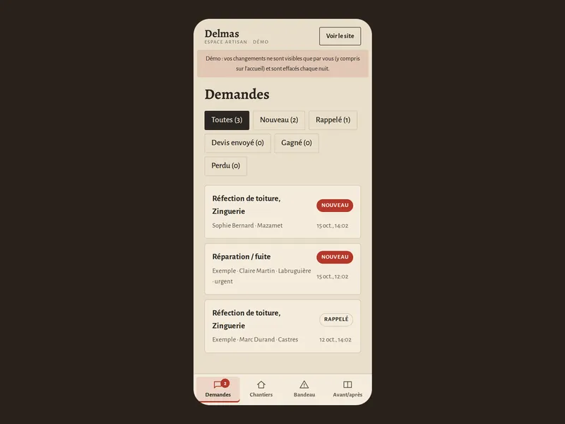 L'espace artisan sur téléphone : la liste des demandes