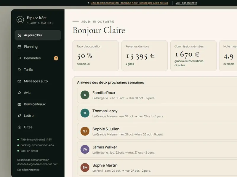 L'espace hôte : arrivées à venir et revenus du mois
