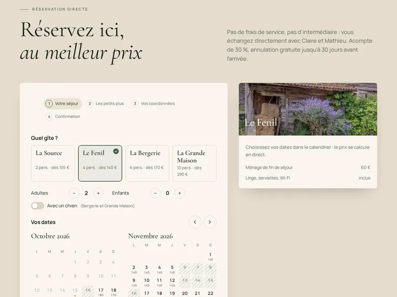 La réservation directe : choix du gîte et calendrier des disponibilités