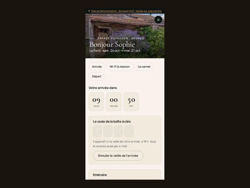 L'espace voyageur sur téléphone : compte à rebours et code de la boîte à clés